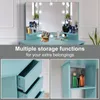 A collage of images showcasing a blue vanity table with LED lights and storage drawers, along with text highlighting its storage functions. Podgląd zdjęcia produktu