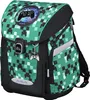 A green backpack with a pixelated pattern and gaming-themed decorations. Produktbild-Vorschau