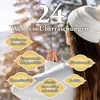 A woman in a white beanie and sweater is meditating outdoors in a snowy environment. Text overlays describe wellness products. Produktbild-Vorschau