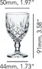 A clear glass liqueur glass with dimensions indicated by measurement lines and text. Podgląd zdjęcia produktu