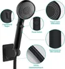 A black shower head with various features highlighted by callout circles and text. Produktbild-Vorschau