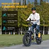 A man is riding a fat tire electric bike on a paved path with trees and buildings in the background. Text overlays describe the bike's riding modes. Produktbild-Vorschau