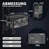Diagrams and text showing the dimensions and capacity of a foldable wagon. Produktbild-Vorschau