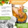 A person is adding carrots to a juicer, with various fruits and vegetables shown around the product. Text highlights features. Produktbild-Vorschau