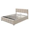 A beige upholstered bed frame with a slatted base, shown from a three-quarter angle against a white background. Produktbild-Vorschau