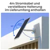 A solar panel mounted on a wall, showing its adjustable angles and cable length. Produktbild-Vorschau