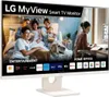 A family and a dog are shown on one side of the screen, while a woman works at a desk on the other side, demonstrating the dual functionality of the monitor. Produktbild-Vorschau