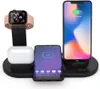 A black charging station with a pink Apple Watch, white AirPods case, and two smartphones (one iPhone and one Android) charging. Produktbild-Vorschau