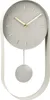 A minimalist pendulum wall clock with a light gray face and gold hands, suspended within a pale gray frame. Voir les images du produit