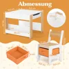 Diagram showing dimensions of a children's table and chair set, including a storage box. Produktbild-Vorschau