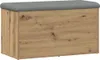 A storage bench with a wood-grain finish and a gray upholstered top, shown from a front-side angle against a white background. Produktbild-Vorschau