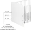 Close-up of a white crib side panel with measurement annotations and descriptive text. Produktbild-Vorschau