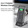 A 4-in-1 foldable wireless charger with a phone, watch, and earbuds charging on it, with a digital clock display. Produktbild-Vorschau