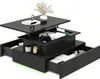A black coffee table with its top lifted, revealing storage compartments and drawers. It has a modern, sleek design with LED lighting at the base. Produktbild-Vorschau