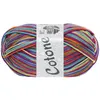 A ball of multicolored yarn with a label. Produktbild-Vorschau