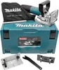 A Makita PJ 7000J Nutfräse Flachdübelfräse and its accessories are displayed on a white background, along with its teal carrying case. Podgląd zdjęcia produktu