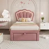 A child's bedroom with a pink upholstered bed, vanity, and nightstand. Produktbild-Vorschau