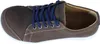 A top-down view of a brown Birkenstock shoe with blue laces. Produktbild-Vorschau