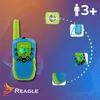 A product image showcasing a pair of walkie-talkies with various features highlighted through smaller inset images and dotted lines. Anteprima dell’immagine prodotto