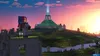 A Minecraft-like character stands on a blocky platform overlooking a vast, green landscape with a large, glowing structure in the background during sunset. Produktbild-Vorschau