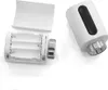 Two views of a smart thermostat radiator valve, one showing the battery compartment open and the other showing the assembled unit. Náhľad obrázku produktu