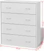 A white chest of drawers with measurements indicated. Produktbild-Vorschau
