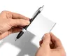 Hands holding a black pen and a piece of white paper. Produktbild-Vorschau