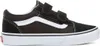 A side view of a black Vans Old Skool V sneaker with white accents and a white sole. Voir les images du produit