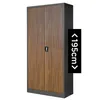 A tall, two-doored cabinet with a wood-grain finish on the doors and a dark gray frame, set against a white background. A black rectangle with white text indicating dimensions is overlaid on the right side of the image. Produktbild-Vorschau