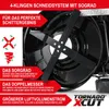 Close-up of a lawnmower blade system with marketing text highlighting features. Produktbild-Vorschau