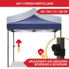A blue and white pop-up gazebo with promotional text and icons. Produktbild-Vorschau