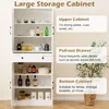 A white storage cabinet with various items inside, with descriptive text boxes on the right side. Produktbild-Vorschau