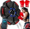 A boxing training device with a woman training, boxing gloves, and a smartphone showing a music app. Produktbild-Vorschau