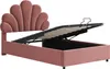 A pink upholstered bed frame with its hydraulic storage mechanism open, revealing the slatted mattress base. Podgląd zdjęcia produktu