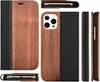 Multiple views of a phone case with a wood and black fabric exterior. Podgląd zdjęcia produktu