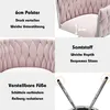 A collage of images showing details of a pink velvet chair, including its padding, material, and adjustable feet. Produktbild-Vorschau