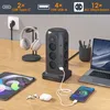 A power strip tower is shown on a desk with various electronic devices connected and charging. Produktbild-Vorschau