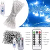 A collage of images showing a string of blue LED lights, a USB connector, and a remote control with various functions. Produktbild-Vorschau