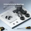 A black faucet and its components are laid out on a marble surface, with a measuring tape and screwdriver nearby. Text overlays highlight easy installation. Produktbild-Vorschau