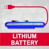 A blue digital camera is shown with a red USB cable connected to it, and the text 'LITHIUM BATTERY' is displayed prominently below. Produktbild-Vorschau