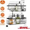 Two black wire shower caddies are shown filled with various bathroom products, mounted on a white background. Icons and text indicating features are present on the left side of the image, and a DHL logo is in the bottom right corner. Produktbild-Vorschau