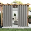 Outdoor curtains hanging on a wooden pergola, partially obscuring a patio seating area with furniture. Produktbild-Vorschau