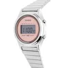 A close-up studio shot of a silver Casio watch with a pink face and digital display. Produktbild-Vorschau