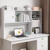 A white computer desk with a hutch filled with books and decorative items. Podgląd zdjęcia produktu