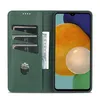 A green wallet-style phone case with a Samsung Galaxy A14 5G phone inserted, showing the phone's screen and the case's card slots. Produktbild-Vorschau