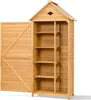 An open wooden garden shed with shelves inside, shown against a white background. Produktbild-Vorschau