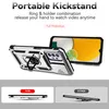 A product image showcasing a phone case with a kickstand and camera cover, along with comparison shots of the case's thickness. Produktbild-Vorschau