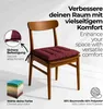A burgundy chair cushion is shown on a wooden chair, with text and other color options displayed. Voir les images du produit