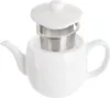 A white ceramic teapot with a metal infuser and lid, presented against a white background. Podgląd zdjęcia produktu