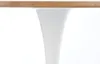 A close-up view of the base of a table, showing the wooden tabletop and the white pedestal base. Produktbild-Vorschau